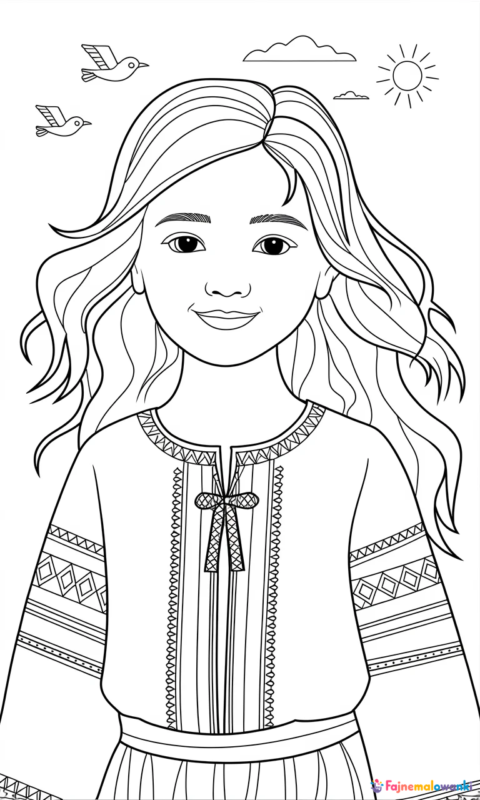 Kolorowanka dla dzieci przedstawiająca uśmiechniętą dziewczynkę z długimi falowanymi włosami w etnicznej sukience - vaiana moana
