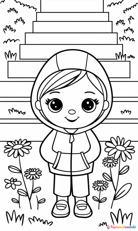 kolorowanka dla dzieci przedstawiająca dziewczynkę w ogrodzie wśród kwiatów i schodów do pokolorowania - kolorowanki masza i niedźwiedź