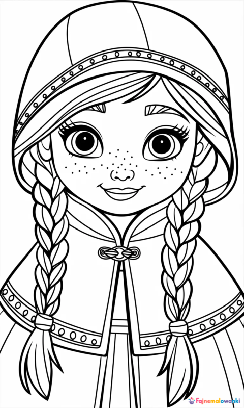 kolorowanka dla dzieci przedstawiająca dziewczynkę w zimowym płaszczu z warkoczami do pokolorowania - frozen kraina lodu kolorowanki