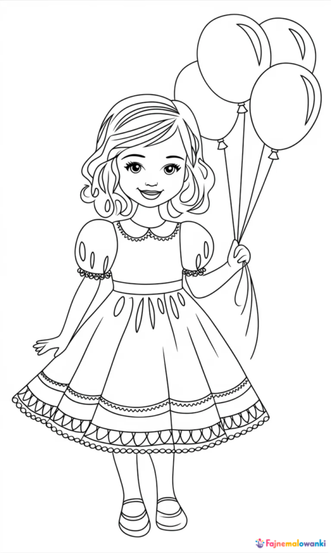 kolorowanka dla dzieci przedstawiająca dziewczynkę w sukience trzymającą balony