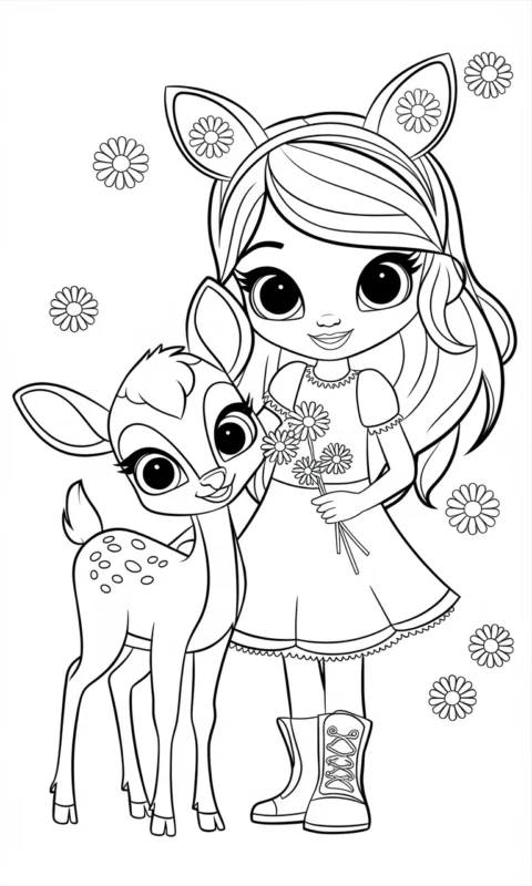 Kolorowanka dla dzieci z dziewczynką w sukience i małym jelonkiem