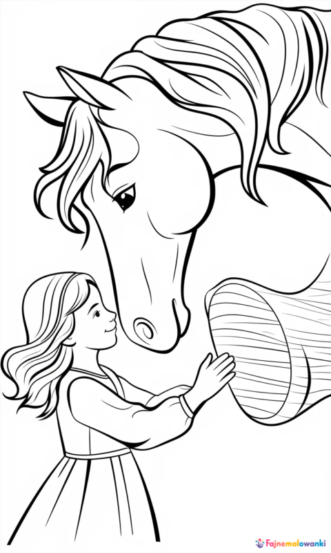 kolorowanka dla dzieci przedstawiająca dziewczynkę głaszczącą konia