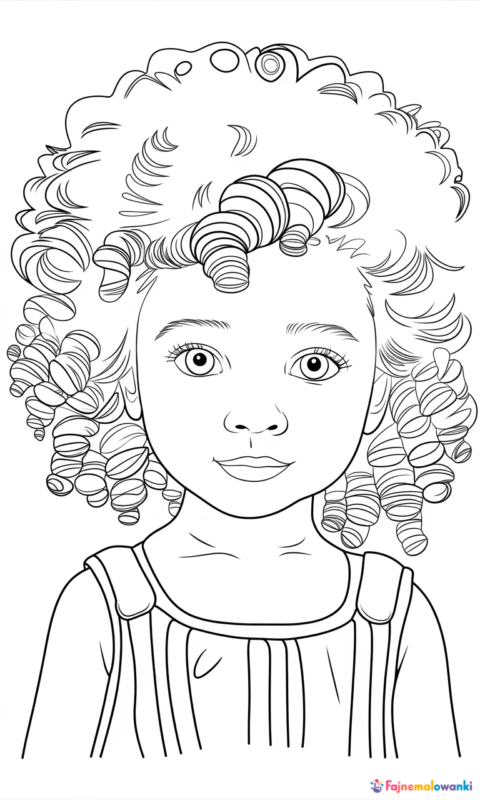 kolorowanka dla dzieci przedstawiająca dziewczynkę z kręconymi włosami do pokolorowania