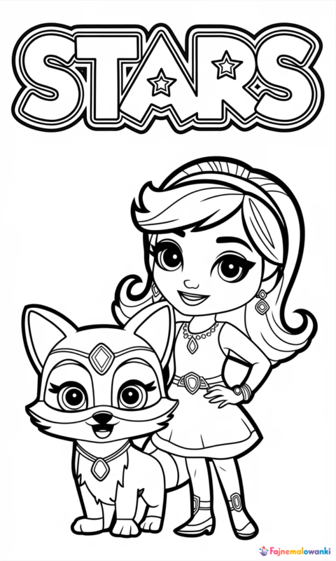 kolorowanka dla dzieci z postacią dziewczynki w sukience i liskiem