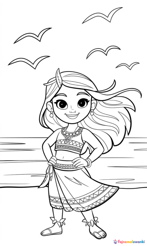 kolorowanka dla dzieci z dziewczynką w stroju polinezyjskim na tle oceanu