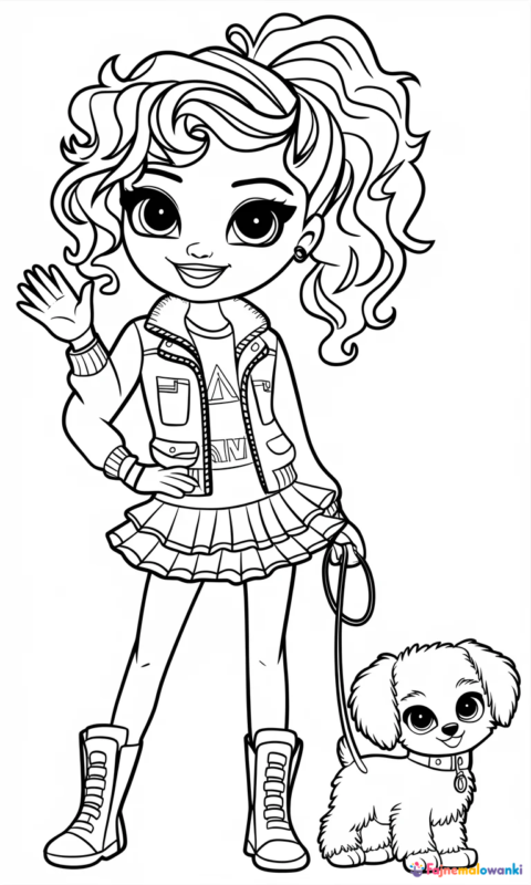 kolorowanka dla dzieci przedstawiająca dziewczynkę na spacerze z pieskiem