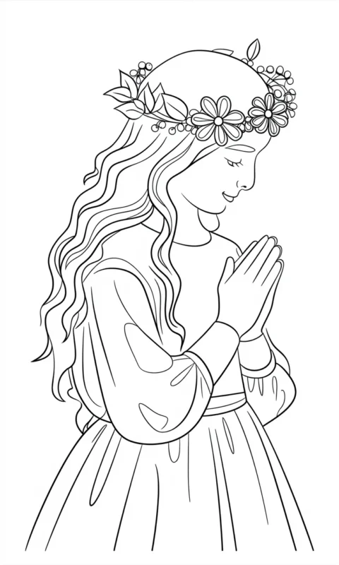 kolorowanka dla dzieci dziewczynka w sukience z wiankiem na głowie