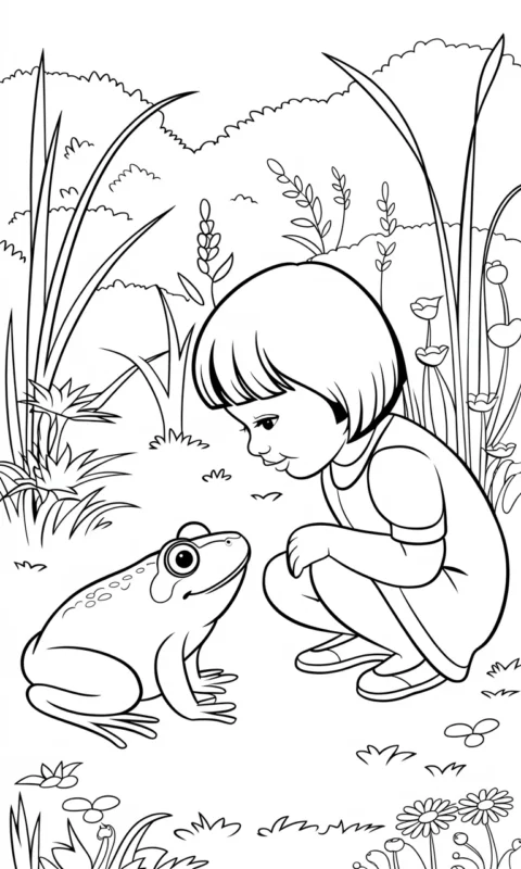 kolorowanka dla dzieci przedstawiająca dziewczynkę w ogrodzie z żabką wśród kwiatów do pokolorowania - kolorowanki żaba