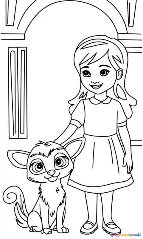 kolorowanka dla dzieci przedstawiająca dziewczynkę z małym stworkiem