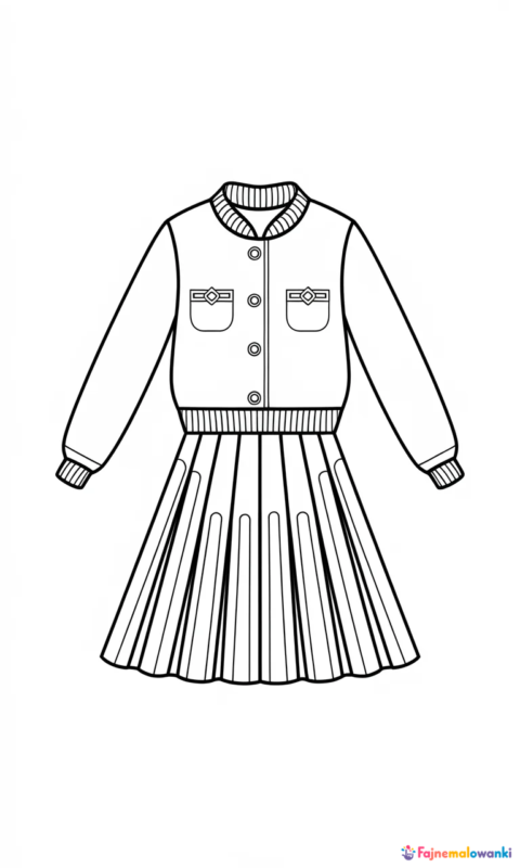kolorowanka dla dzieci przedstawiająca elegancką sukienkę z żakietem i plisowaną spódnicą do pokolorowania - kolorowanki ubrania