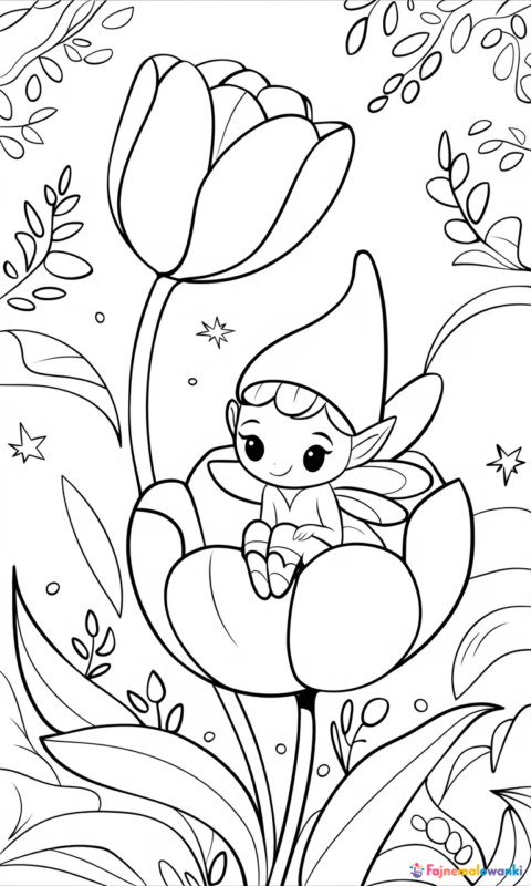 kolorowanka dla dzieci z małym elfem siedzącym na kwiatku i dużym tulipanem