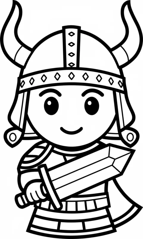 Kolorowanka dla dzieci przedstawiająca emoji wojownika w hełmie wikinga z mieczem