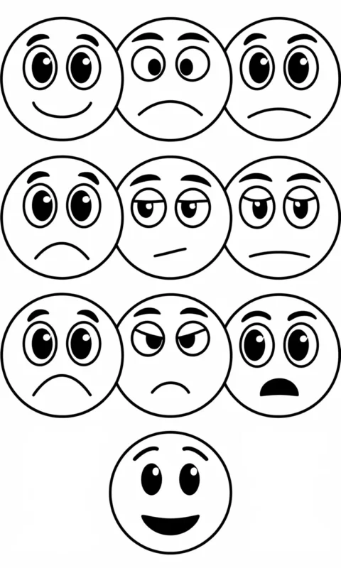 Kolorowanka dla dzieci z dziewięcioma emotkami do pokolorowania