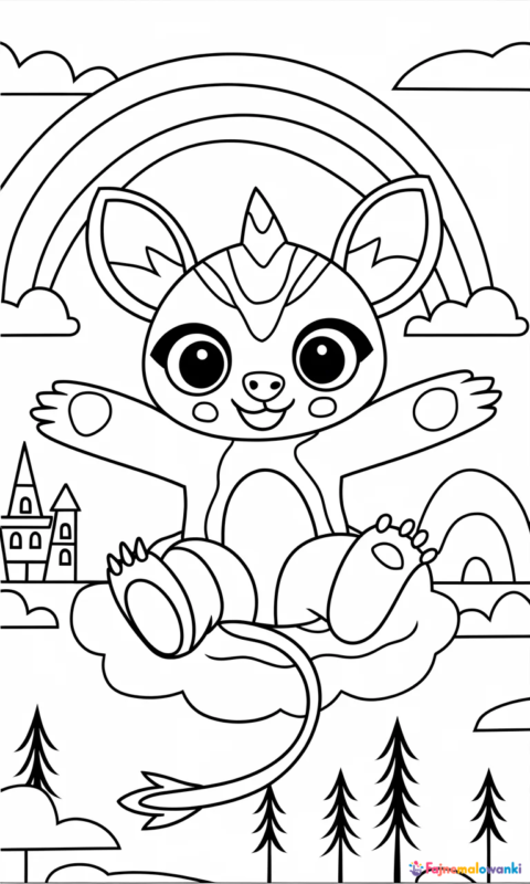 Kolorowanka dla dzieci przedstawiająca uroczego stworka fantasy z dużymi oczami i długim ogonem do pokolorowania - kolorowanki pokemon mewtwo