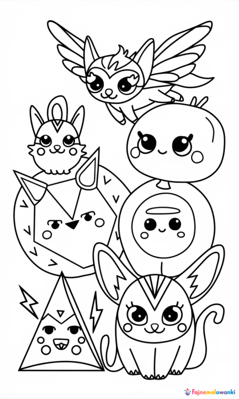 Kolorowanka dla dzieci z uroczymi stworkami fantasy w grupie