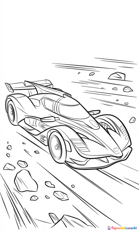 kolorowanka dla dzieci przedstawiająca futurystyczny samochód wyścigowy skaczący nad skalistym terenem - kolorowanki hot wheels