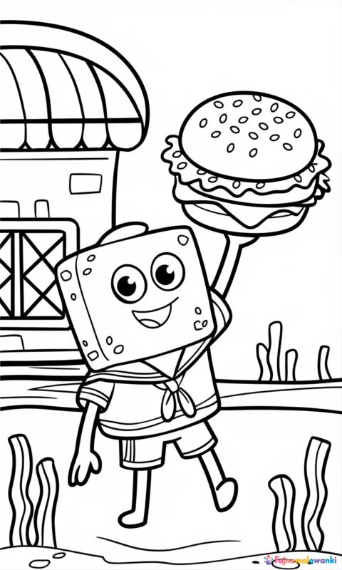 kolorowanka dla dzieci z wesołą gąbką morską trzymającą hamburgera