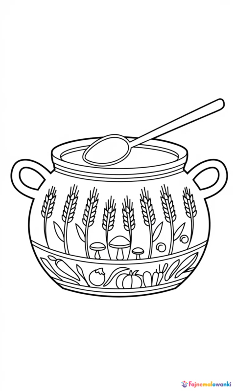 kolorowanka dla dzieci przedstawiająca garnek do gotowania z łyżką i dekoracją w postaci warzyw i kłosów zboża - kolorowanki kuchnia