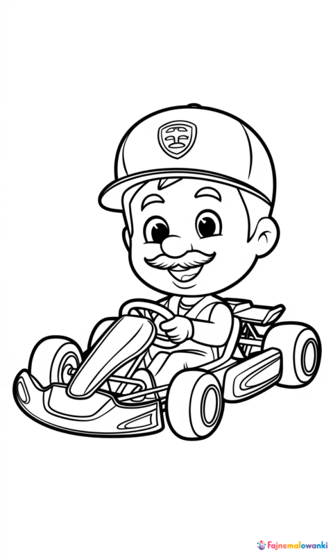 kolorowanka dla dzieci z zabawnym kierowcą wyścigowym w gokartcie
