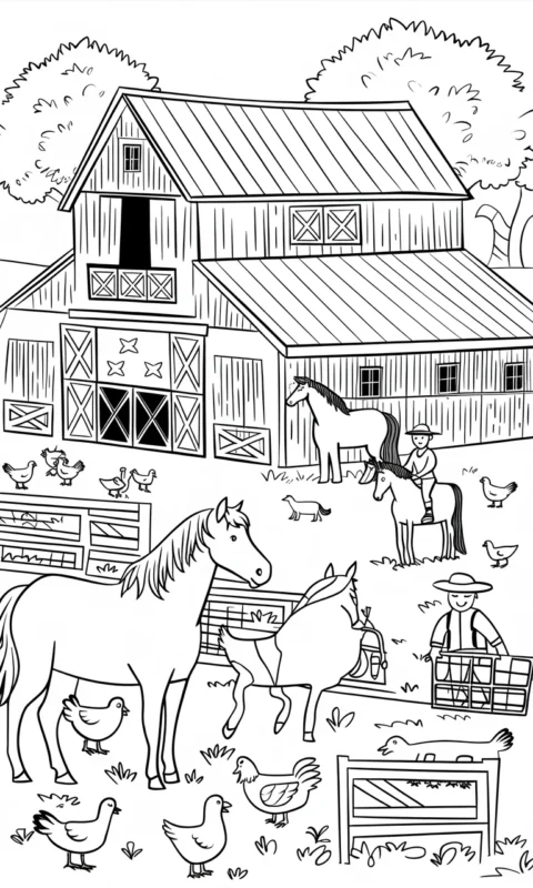 kolorowanka dla dzieci przedstawiająca wiejską scenę ze stodołą