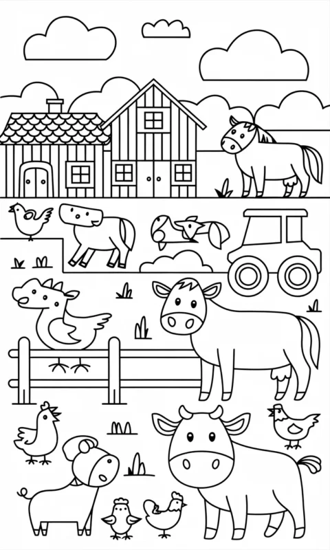 kolorowanka dla dzieci przedstawiająca scenę z gospodarstwa wiejskiego z traktorem