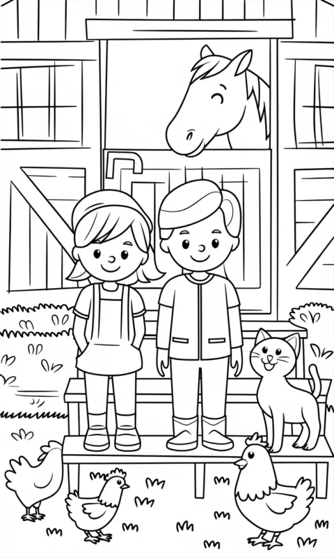 kolorowanka dla dzieci przedstawiająca scenę z gospodarstwa wiejskiego ze zwierzętami i dziećmi na farmie do pokolorowania - kolorowanki religijne