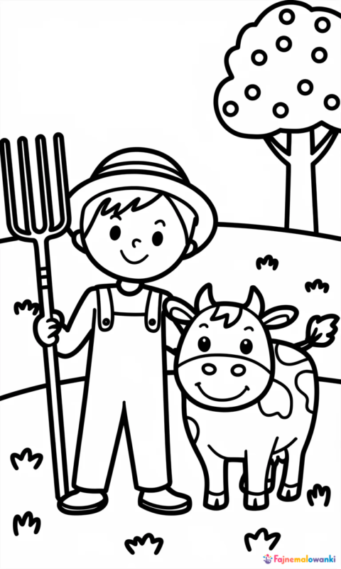 kolorowanka dla dzieci przedstawiająca wesołego gospodarza z krową na farmie
