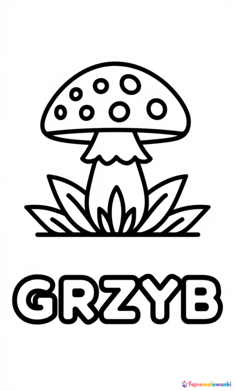 Kolorowanka dla dzieci przedstawiająca grzyba w trawie z napisem GRZYB do pokolorowania - kolorowanki alfabet litera g
