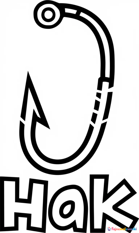 Kolorowanka dla dzieci przedstawiająca hak wędkarski z napisem do pokolorowania