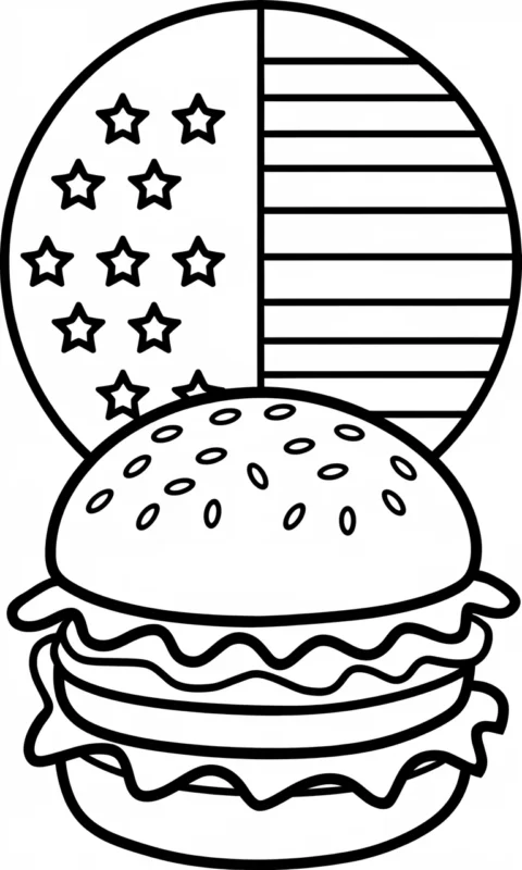 Kolorowanka dla dzieci przedstawiająca hamburgera na tle okrągłego wzoru z gwiazdkami i paskami do pokolorowania - kolorowanki countryballs