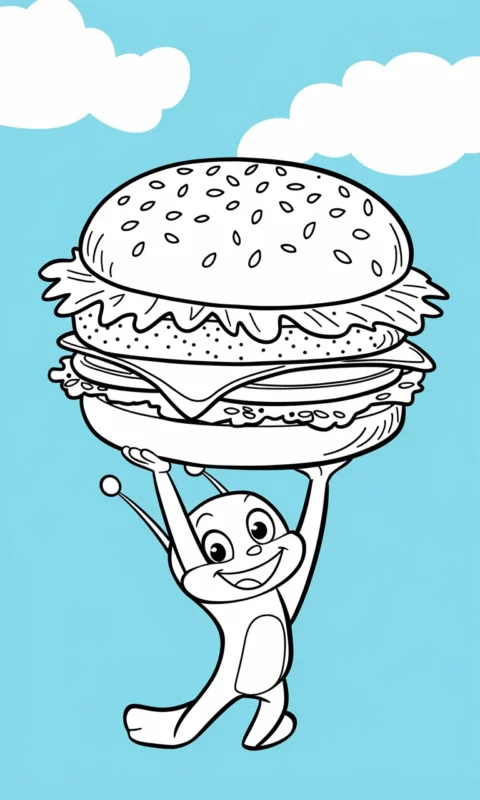 Wesoła kolorowanka dla dzieci przedstawiająca zabawną postać unoszącą hamburger