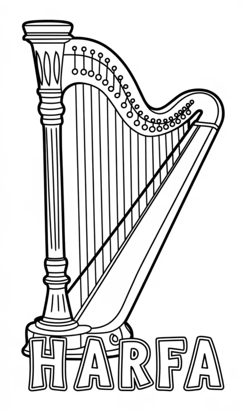 kolorowanka dla dzieci przedstawiająca harfę klasyczną z ozdobnymi elementami do pokolorowania - kolorowanki alfabet litera h