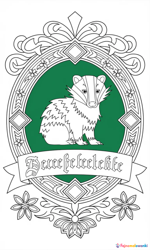 kolorowanka magiczny herb z borsukiem w ozdobnej tarczy heraldycznej do pokolorowania dla dzieci - kolorowanki harry potter