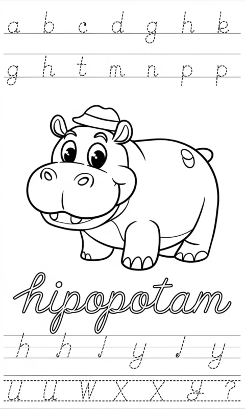 Kolorowanka edukacyjna z uśmiechniętym hipopotamem i ćwiczeniami do nauki pisania litery H dla przedszkolaków - kolorowanki alfabet litera h