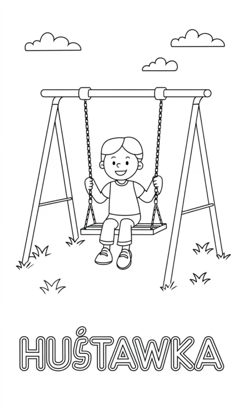 Kolorowanka dla dzieci przedstawiająca wesołe dziecko na huśtawce w ogrodzie