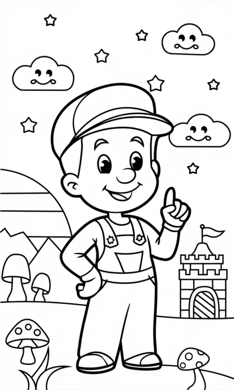 kolorowanka dla dzieci z wesołym hydraulikiem w krainie grzybów i zamku