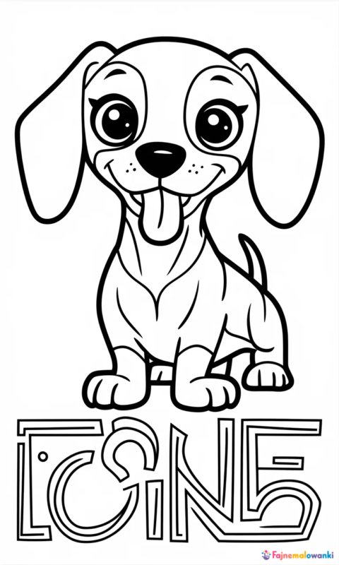 Kolorowanka dla dzieci przedstawiająca uroczego jamnika szczeniaka z wysuniętym językiem do pokolorowania - kolorowanki alfabet litera j