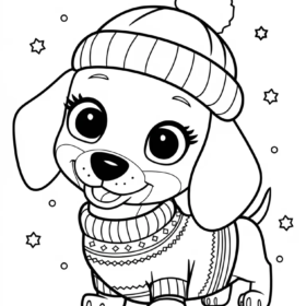 kolorowanka dla dzieci z jamnikiem w zimowym sweterku i czapce do pokolorowania - kolorowanki z psami swietujmy razem miedzynarodowy dzien psa