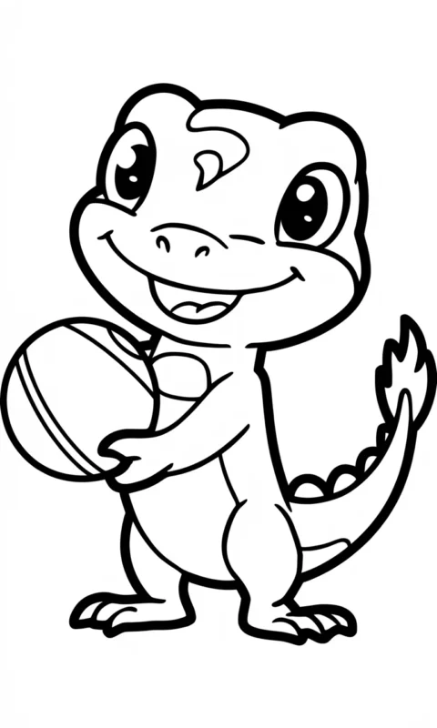 kolorowanka dla dzieci z uśmiechniętą jaszczurką trzymającą kulę