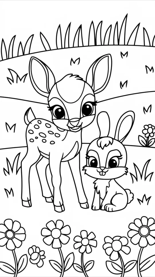 Kolorowanka do druku: Przyjaciele Tuptuś i Bambi w lesie
