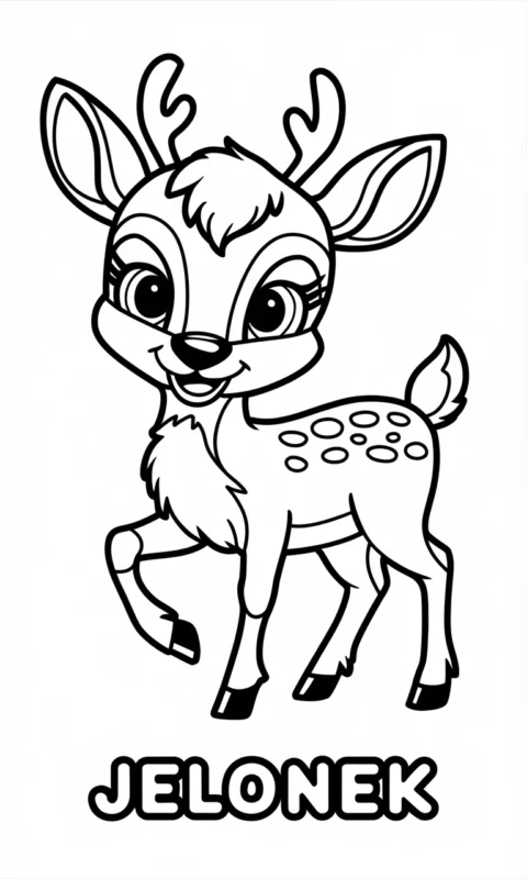 Kolorowanka przedstawiająca uśmiechniętego jelonka leśnego z porożem do wydruku dla dzieci - kolorowanki alfabet litera j