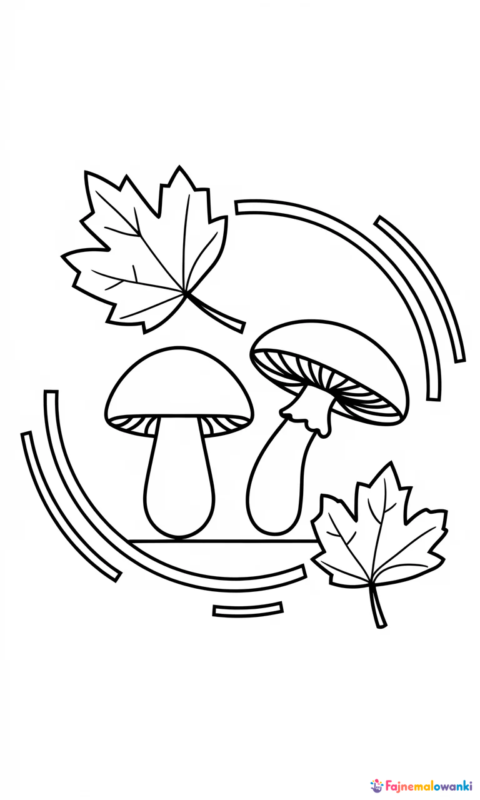 Kolorowanka dla dzieci przedstawiająca jesienne grzyby i liść klonu do pokolorowania - kolorowanki countryballs