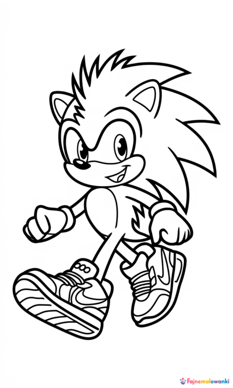 Kolorowanka dla dzieci przedstawiająca uśmiechniętego jeża w sportowych butach