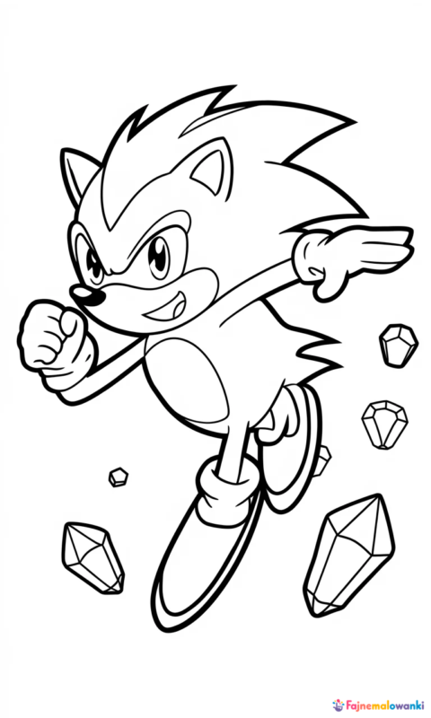 Kolorowanka dla dzieci przedstawiająca szybkiego jeża w skoku otoczonego kryształami