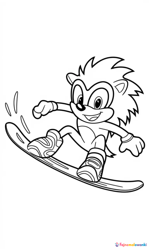kolorowanka dla dzieci z jeżykiem na snowboardzie wykonującym akrobatyczny trick - kolorowanki sonic