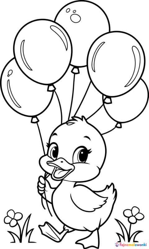 kolorowanka dla dzieci z kaczuszką trzymającą balony