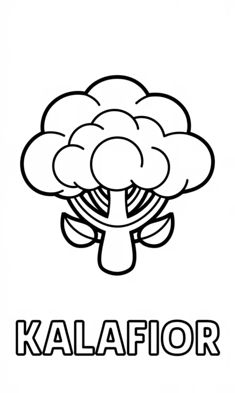 Kolorowanka dla dzieci przedstawiająca kalafior z delikatnie zarysowanymi różyczkami i napisem do pokolorowania - kolorowanki litera k