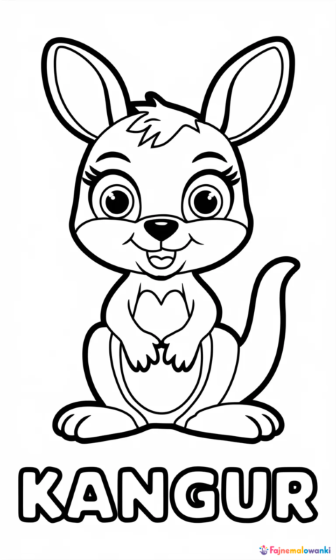 Kolorowanka dla dzieci przedstawiająca uroczego małego kangura z dużymi oczami i uśmiechem