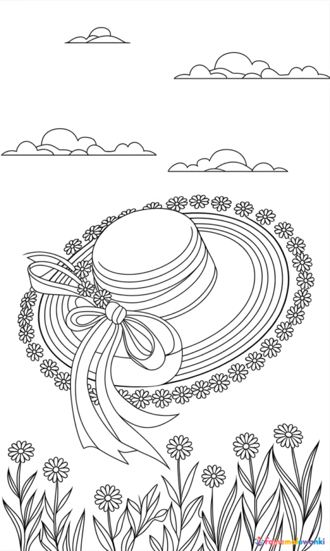 Kolorowanka dla dzieci przedstawiająca elegancki kapelusz z kokardą i kwiatkami do pokolorowania - kolorowanki ubrania