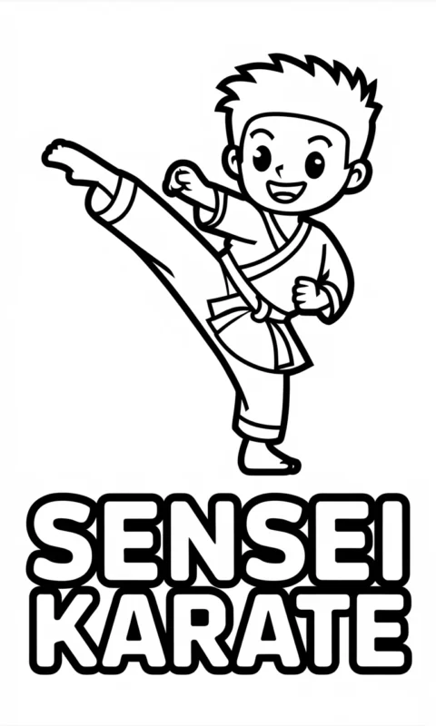 kolorowanka dla dzieci przedstawiająca młodego karateką wykonującego wysoki kopnięć w kimonie do pokolorowania - kolorowanki zawody